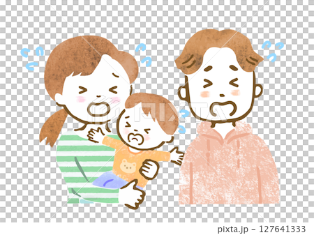 Family illustration of a mother and father holding a baby (crying face, upper body) Family illustration of a mother and father holding a baby (crying face, upper body) 127641333