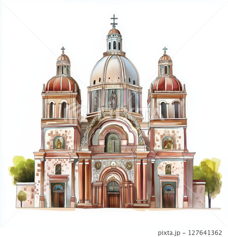 Basilica of Our Lady of Guadalupe. Basilica of Our Lady of Guadalupe hand drawn watercolor illustration 127641362