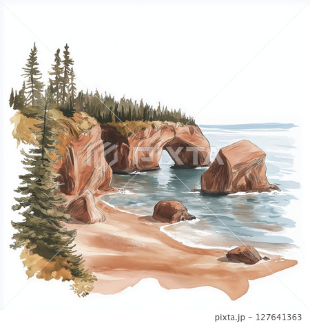 Bay of Fundy. Bay of Fundy hand drawn watercolor illustration 127641363