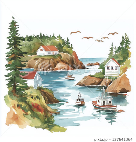 Bay of Fundy. Bay of Fundy hand drawn watercolor illustration 127641364