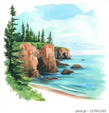 Bay of Fundy. Bay of Fundy hand drawn watercolor illustration 127641365