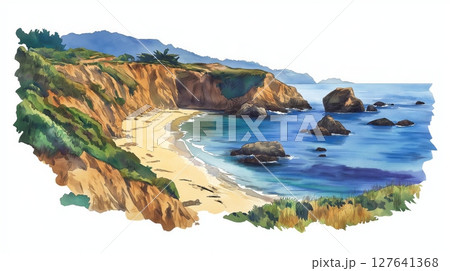 Big Sur Coastline. Big Sur Coastline hand drawn watercolor illustration 127641368