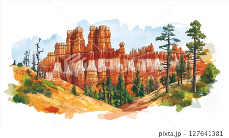 Bryce Canyon National Park. Bryce Canyon National Park hand drawn watercolor illustration 127641381