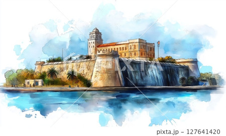 Castillo de los Tres Reyes Magos del Morro. Castillo de los Tres Reyes Magos del Morro hand drawn watercolor illustration 127641420