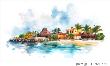 Cozumel Island. Cozumel Island hand drawn watercolor illustration Cozumel Island. Cozumel Island hand drawn watercolor illustration 127641436