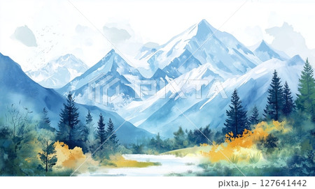 Denali National Park. Denali National Park hand drawn watercolor illustration 127641442