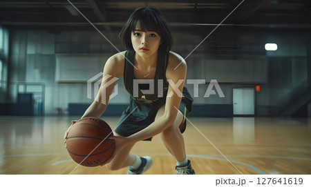 バスケットボールする女性 127641619