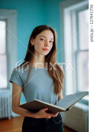 A woman is holding a book and smiling 127641756