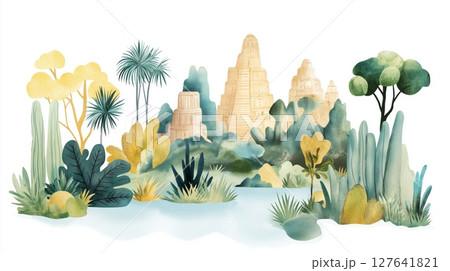 Chichen Itza. Chichen Itza hand drawn watercolor illustration 127641821