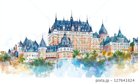 Chateau Frontenac. Chateau Frontenac hand drawn watercolor illustration 127641824