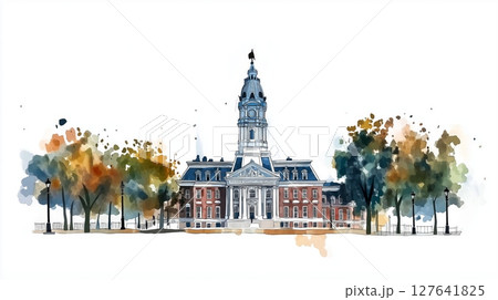 Independence Hall. Independence Hall hand drawn watercolor illustration Independence Hall. Independence Hall hand drawn watercolor illustration 127641825