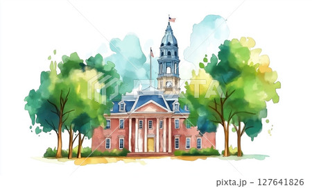 Independence Hall and Liberty Bell. Independence Hall and Liberty Bell hand drawn watercolor illustration Independence Hall and Liberty Bell. Independence Hall and Liberty Bell hand drawn watercolor illustration 127641826