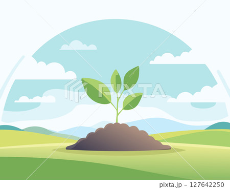 Sprout emerging from the ground in a dreamy landscape with pastel tones and soft curves, abstract scenery and bright background. Sprout emerging from the ground in a dreamy landscape with pastel tones and soft curves, abstract scenery and bright background. 127642250