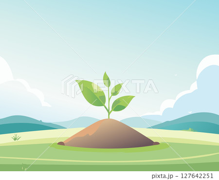 Simple illustration of a seedling on a small soil mound, in the center of a white and green abstract meadow with plenty of space. Simple illustration of a seedling on a small soil mound, in the center of a white and green abstract meadow with plenty of space. 127642251