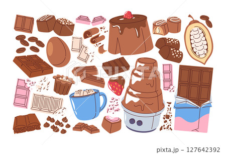 World chocolate day hand drawn design elements set with different delicious sweet food and drinks 127642392