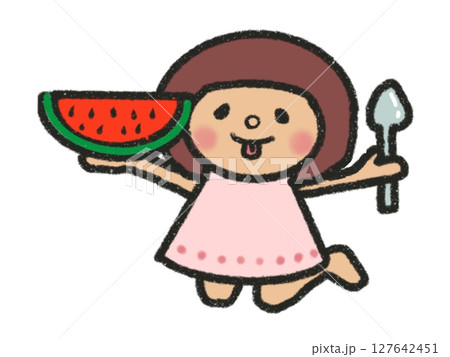 スプーンで上品にスイカを食べる夏のワンピース姿の女の子 スプーンで上品にスイカを食べる夏のワンピース姿の女の子 127642451