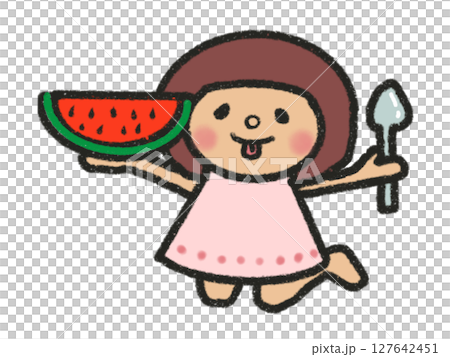 穿著夏裝的女孩用湯匙優雅地吃西瓜 127642451