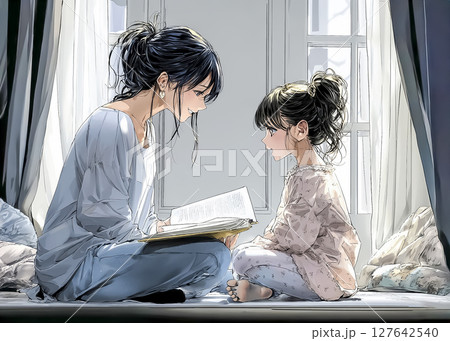子供に寝る前の読み聞かせをする母親のイラスト素材 127642540