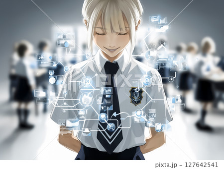 未来教育　ホログラムを操る女子高校生のイラスト素材 127642541