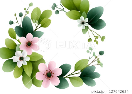 Elegant wreath arrangement with pink and white flowers surrounded by lush green leaves on a white background. Ideal for wedding invitations, greeting cards, and natural-themed designs. 127642624