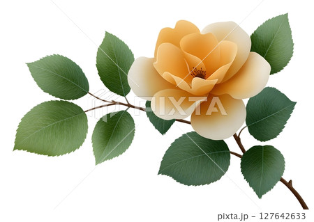A realistic illustration of a yellow rose with vibrant green leaves on a white background. Perfect for floral designs, botanical art, wedding decorations, and greeting cards. 127642633