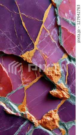 Semiprecious marble with intersecting purple, red and orange minerals 127642763
