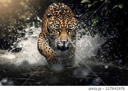 a close up of a leopard in the water with a splash of water on it's face and it's face. 127642976
