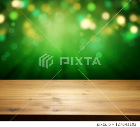 St. Patrick's Day concept. Image of wooden table in front of abstract blurred background of Bar lights. Generative Ai. 127643102