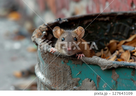 A rat peek out on a trash can in the city. Generative AI, 127643109