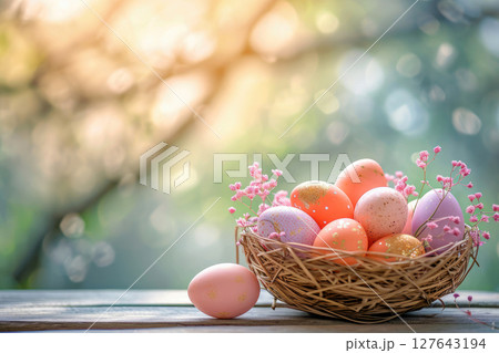 Easter basket with Easter eggs on wooden table , green background. ai generative 127643194
