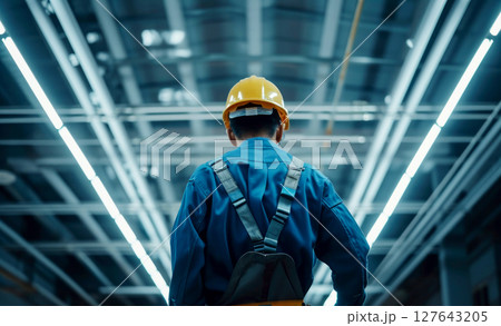 Electrician man worker installing lamp in a office room . Generative AI 127643205
