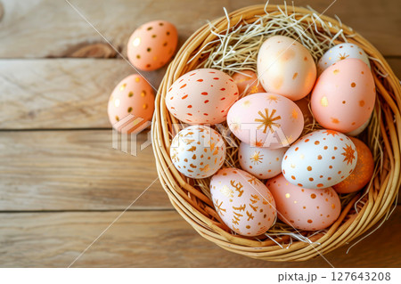 Easter basket with Easter eggs on wooden table , green background. ai generative Easter basket with Easter eggs on wooden table , green background. ai generative 127643208