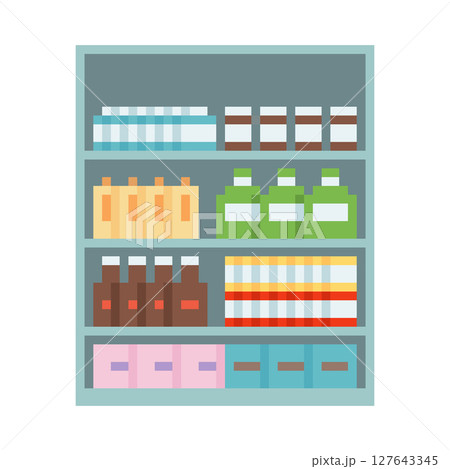 Retail shelf with products in packs, bottles, 8-bit gaming interface. Retail shelf with products in packs, bottles, 8-bit gaming interface. 127643345