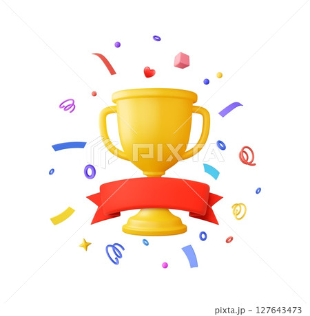 3D Trophy cup with ribbon and confetti celebration 127643473