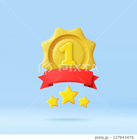 3D First place medal with ribbon and stars 127643478