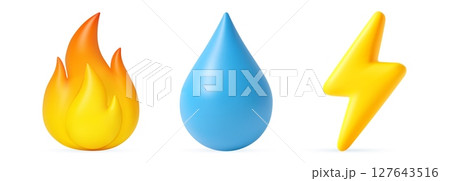 3D icons of fire, water drop, and lightning bolt 3D icons of fire, water drop, and lightning bolt 127643516