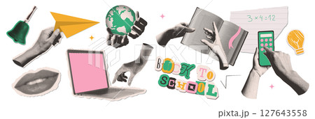 Set of cutout halftone collage elements on the theme of back to school. Books, phone, laptop on hands etc isolated on transparent background. 127643558
