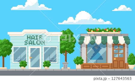 Shop and hair salon windows on city street with trees and clouds. 8 bit. 127643563