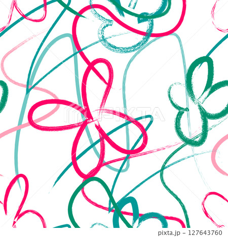 Hand-drawn floral vector seamless pattern with bold brush strokes in pink, green, and blue. Abstract artistic flowers with playful shapes. Ideal for textile, wrapping paper, wallpaper Hand-drawn floral vector seamless pattern with bold brush strokes in pink, green, and blue. Abstract artistic flowers with playful shapes. Ideal for textile, wrapping paper, wallpaper 127643760