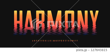 Sunset horizon alphabet, wavy tall letters, bold marine font for music logo, summer headline poster, modern relax spa typography, creative wave typographic design. Vector typeset. Sunset horizon alphabet, wavy tall letters, bold marine font for music logo, summer headline poster, modern relax spa typography, creative wave typographic design. Vector typeset. 127643815