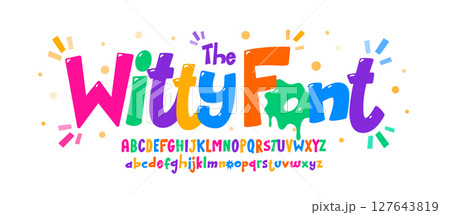 Funny comic alphabet, playful cartoon letters, colorful funky font for cheerful kid logo, school app headline, modern typography, creative typographic design. Vector typeset 127643819