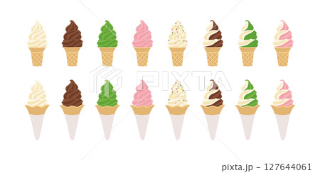 カラフルなソフトクリームセット(バニラ・チョコ・いちご・抹茶・チョコスプレー) カラフルなソフトクリームセット(バニラ・チョコ・いちご・抹茶・チョコスプレー) 127644061