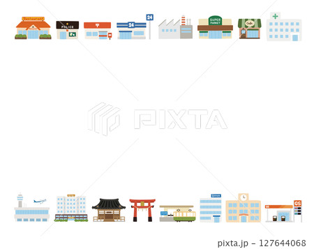 手描きの可愛い街中のいろいろな建物のイラストフレーム 127644068