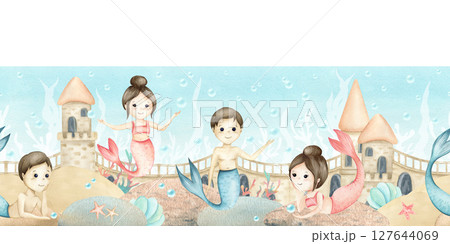 Mermaids little girl and boy seamless border, underwater castle, corals, seashell, algae, stones. Watercolor children's illustration isolated on seascape. For kids interior design, stationery Mermaids little girl and boy seamless border, underwater castle, corals, seashell, algae, stones. Watercolor children's illustration isolated on seascape. For kids interior design, stationery 127644069