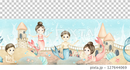 Mermaids little girl and boy seamless border, underwater castle, corals, seashell, algae, stones. Watercolor children's illustration isolated on seascape. For kids interior design, stationery 127644069