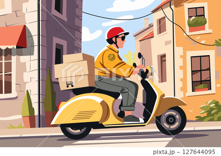 Courier on a yellow scooter delivering packages in a city street. Urban delivery service concept, fast shipping, modern transportation. Flat vector illustration, daytime. Courier on a yellow scooter delivering packages in a city street. Urban delivery service concept, fast shipping, modern transportation. Flat vector illustration, daytime. 127644095