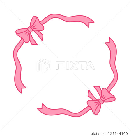 Round frame made of pink wavy ribbon with bows. Vector illustration. 127644160
