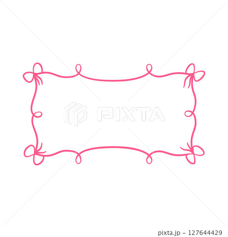 Pink vintage frame with bows, horizontal wavy ribbons border, coquette line art greeting card, invitation vector design 127644429