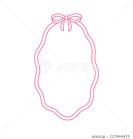 Pink vintage bows oval frame, wavy ribbons border, coquette line art for greeting card, wedding invitation vector design 127644433
