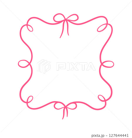 Pink vintage bows curly vector frame, wavy ribbons border coquette style, line art for greeting card, wedding invitation Pink vintage bows curly vector frame, wavy ribbons border coquette style, line art for greeting card, wedding invitation 127644441